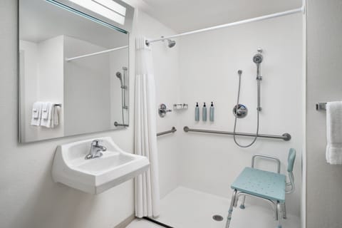 Combined shower/tub, free toiletries, hair dryer, towels