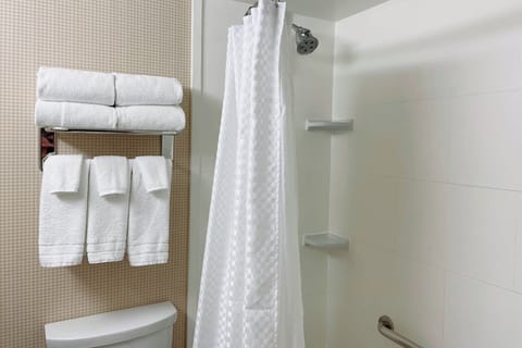 Combined shower/tub, free toiletries, hair dryer, towels