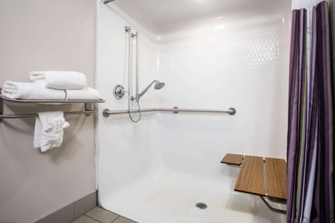 Combined shower/tub, free toiletries, hair dryer, towels