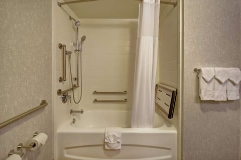 Combined shower/tub, free toiletries, hair dryer, towels