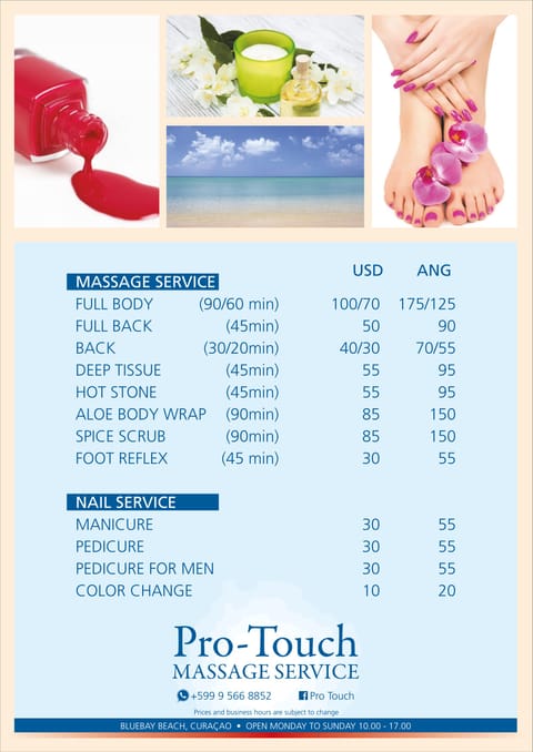 Body treatments, beach massages, facials, manicures and pedicures