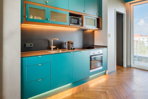 Penthouse Green Vibes | Private kitchen | Full-size fridge, microwave, oven, stovetop