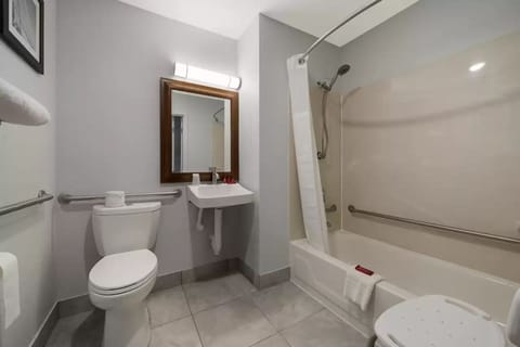 Combined shower/tub, free toiletries, hair dryer, towels