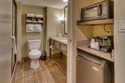 Combined shower/tub, free toiletries, hair dryer, towels