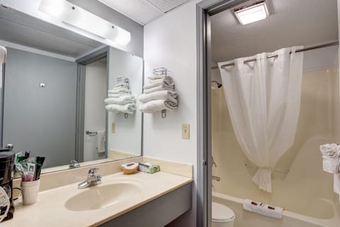 Combined shower/tub, free toiletries, hair dryer, towels