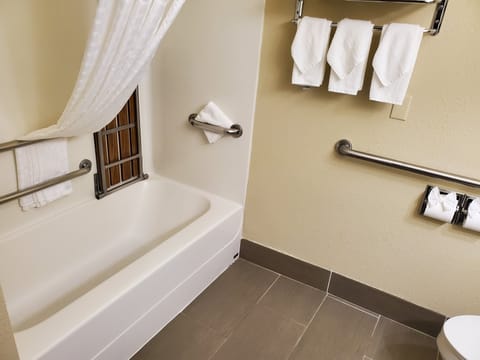 Room, 2 Queen Beds, Accessible, Non Smoking | Bathroom | Combined shower/tub, hair dryer, towels