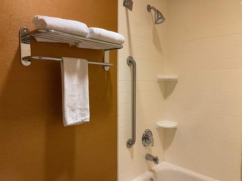 Combined shower/tub, free toiletries, hair dryer, towels