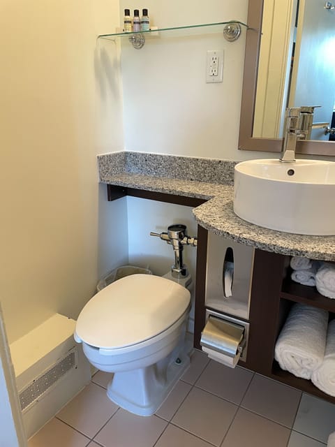 Combined shower/tub, free toiletries, hair dryer, towels