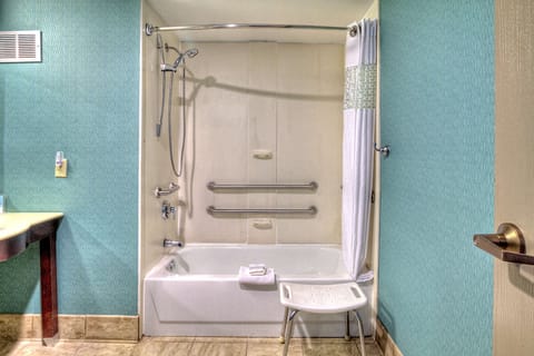 Combined shower/tub, free toiletries, hair dryer, towels