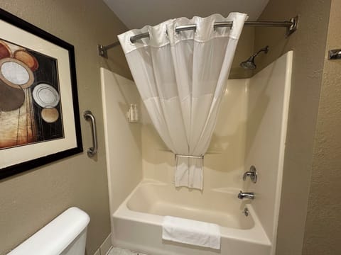 Combined shower/tub, hair dryer, towels