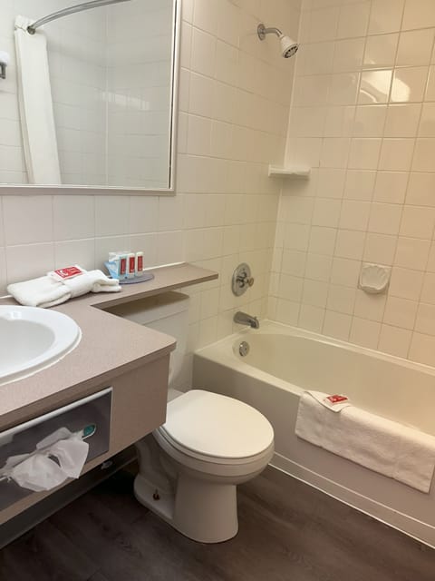 Combined shower/tub, free toiletries, towels