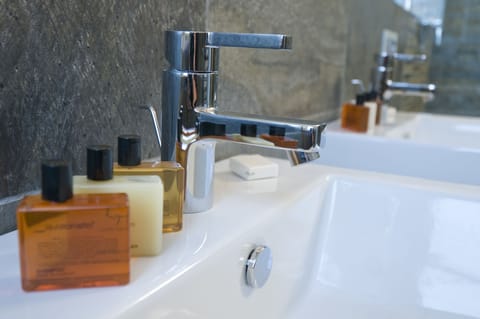 Shower, rainfall showerhead, free toiletries, hair dryer