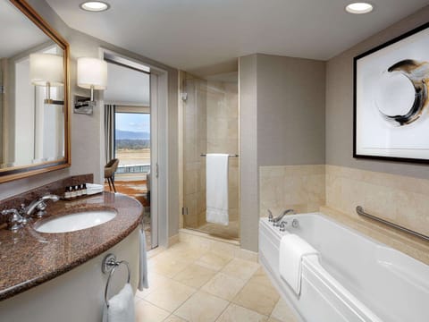 Separate tub and shower, deep soaking tub, designer toiletries