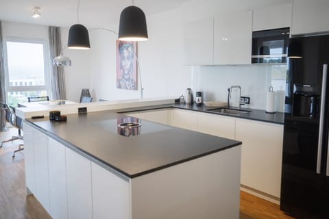 Deluxe Penthouse, 3 Bedrooms, City View | Private kitchen | Full-size fridge, microwave, oven, stovetop