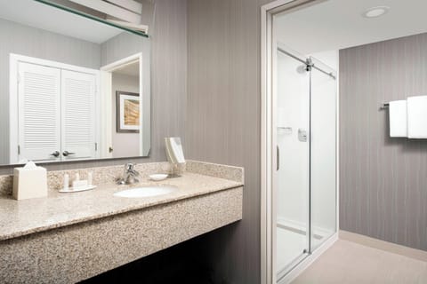 Combined shower/tub, hair dryer, towels