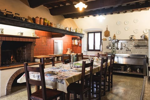 Large well equipped kitchen with fireplace
