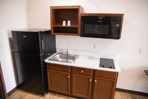 Full-size fridge, microwave, stovetop