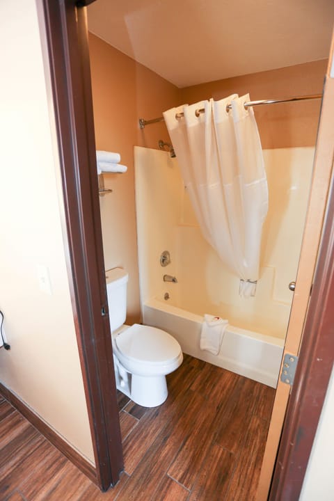 Combined shower/tub, free toiletries, hair dryer, towels