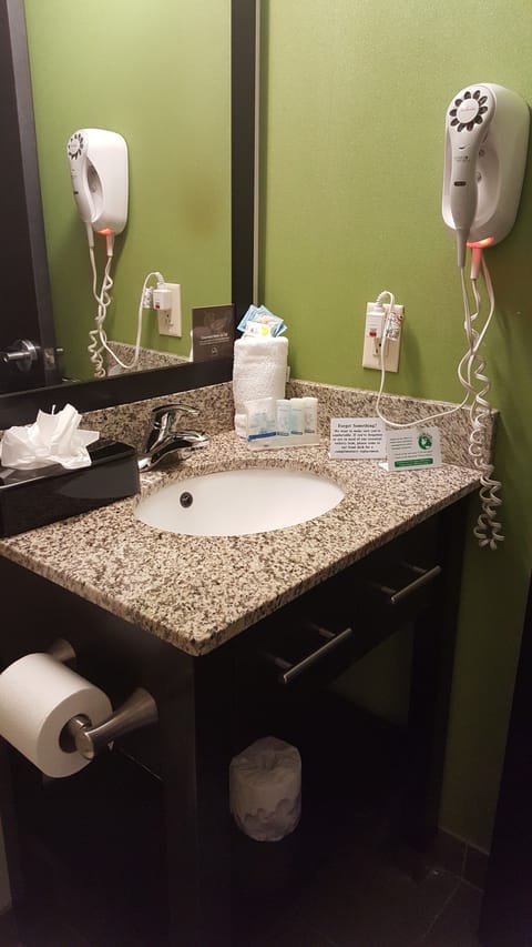 Combined shower/tub, free toiletries, hair dryer, towels