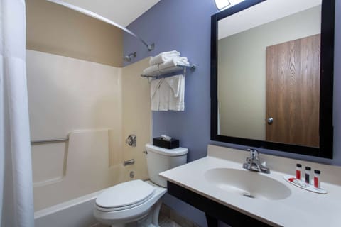 Combined shower/tub, deep soaking tub, free toiletries, hair dryer