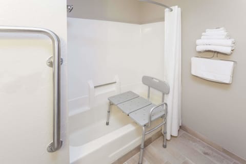 Combined shower/tub, free toiletries, hair dryer, towels