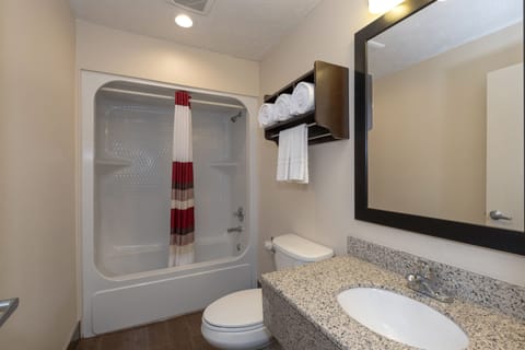 Combined shower/tub, hair dryer, towels