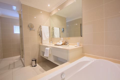 Separate tub and shower, free toiletries, hair dryer, bathrobes