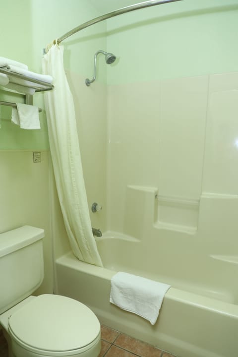 Combined shower/tub, free toiletries, towels