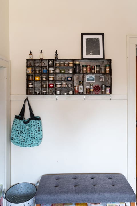 The kitchen's sitting area with spice rack