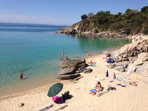 On the beach, white sand, 2 beach bars