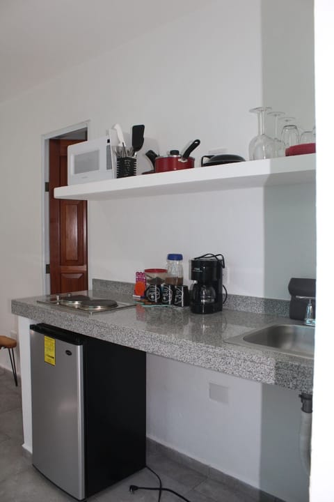 Studio | Private kitchen | Fridge, microwave, coffee/tea maker, cookware/dishes/utensils