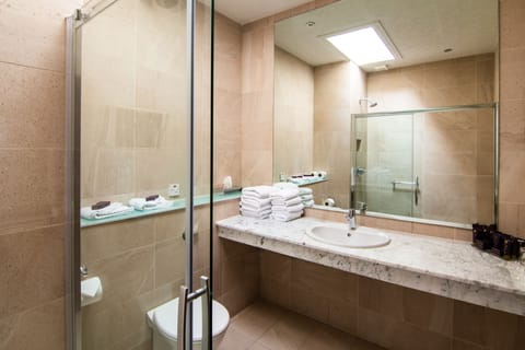 Combined shower/tub, free toiletries, hair dryer, towels