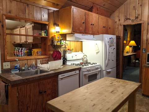Kitchen includes Stainless Sink, tea kettle, oven mitts, dish drying rack.