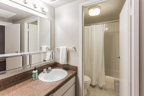Apartment, 1 Bedroom, River View | Bathroom | Combined shower/tub, hair dryer, towels