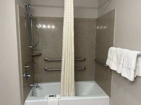 Combined shower/tub, free toiletries, hair dryer, towels