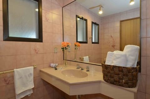 Combined shower/tub, deep soaking tub, free toiletries, hair dryer