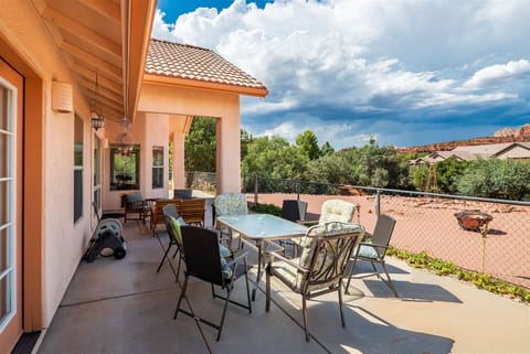 The back patio is private and fenced in