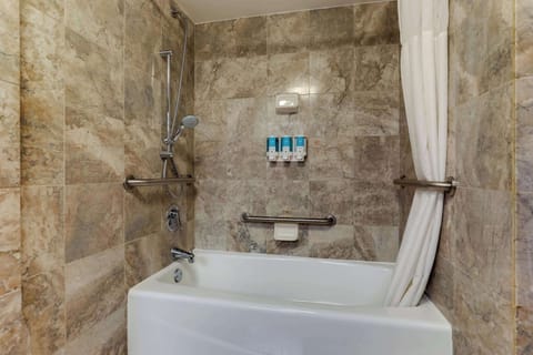 Combined shower/tub, free toiletries, hair dryer, towels