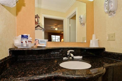 Hair dryer, towels, soap, shampoo