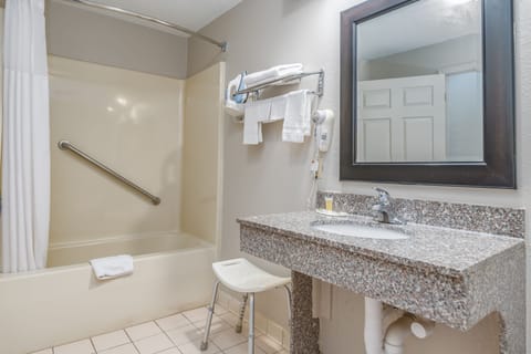 Combined shower/tub, free toiletries, hair dryer, towels