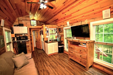 Economy Cabin | Private kitchen | Fridge, microwave, cookware/dishes/utensils, cleaning supplies