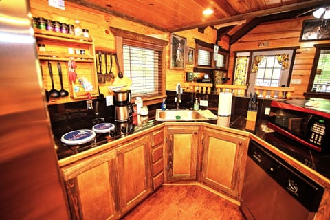 Family Cabin | Private kitchen | Fridge, microwave, cookware/dishes/utensils, cleaning supplies
