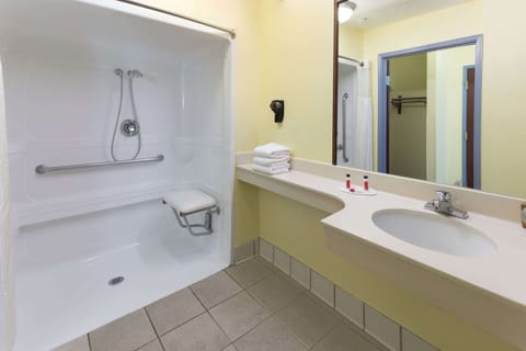 Combined shower/tub, free toiletries, hair dryer, towels