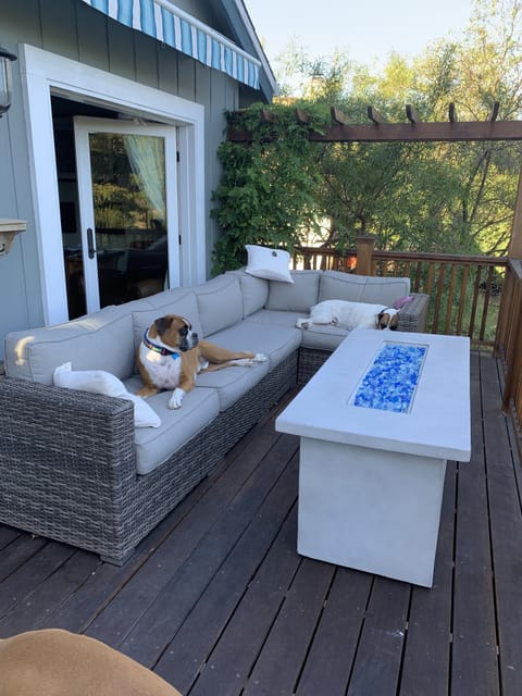 You will love this deck with a beautiful view and gas fireplace