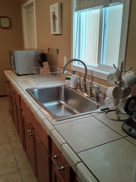 A huge sink, Coffee station, microwave. 