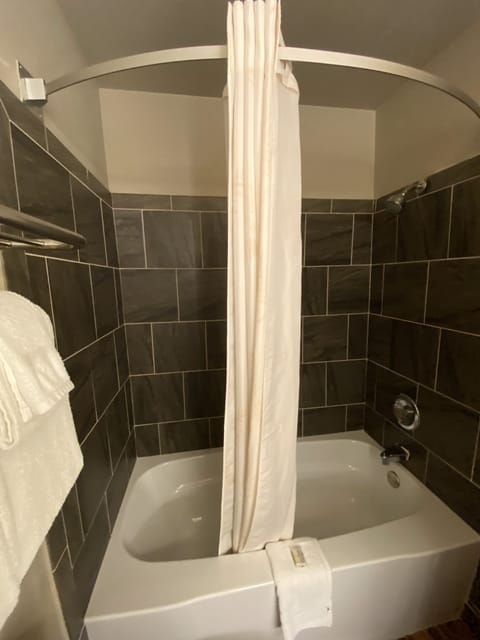 Combined shower/tub, free toiletries, hair dryer, towels