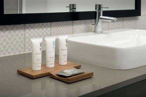 Eco-friendly toiletries, hair dryer, towels, soap