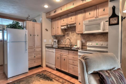 The kitchen comes fully equipped with modern appliances and basic spices