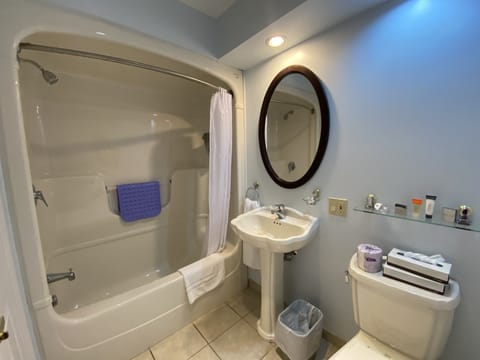 Combined shower/tub, deep soaking tub, free toiletries, hair dryer