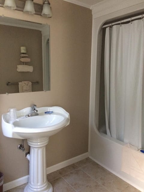 Combined shower/tub, free toiletries, hair dryer, towels